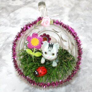 HAND CRAFTED Cat Gray Spring Decor Ornament Upcycled Cup Grass Animal Pet Floral